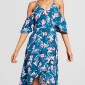Xhilaration S Blue Floral Cold Shoulder Faux Wrap Dress Strappy Back High Low